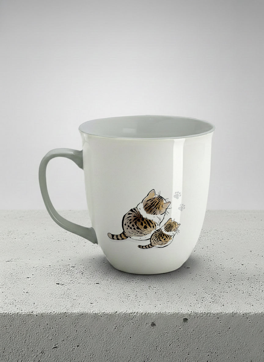 ronny mug | By Your Side left view mug with two cats and paw prints, by Hyun Jung Cho- Gallery By Inhesion