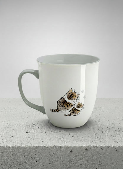 ronny mug | By Your Side left view mug with two cats and paw prints, by Hyun Jung Cho- Gallery By Inhesion