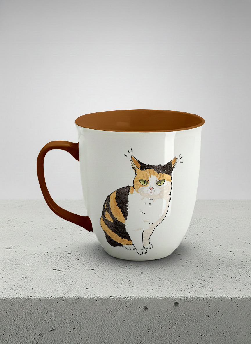 ronny mug | Spicy Calico left view mug grumpy calico cat with piercing green eyes and ruffled fur, dark chocolate interior, by Hyun Jung Cho