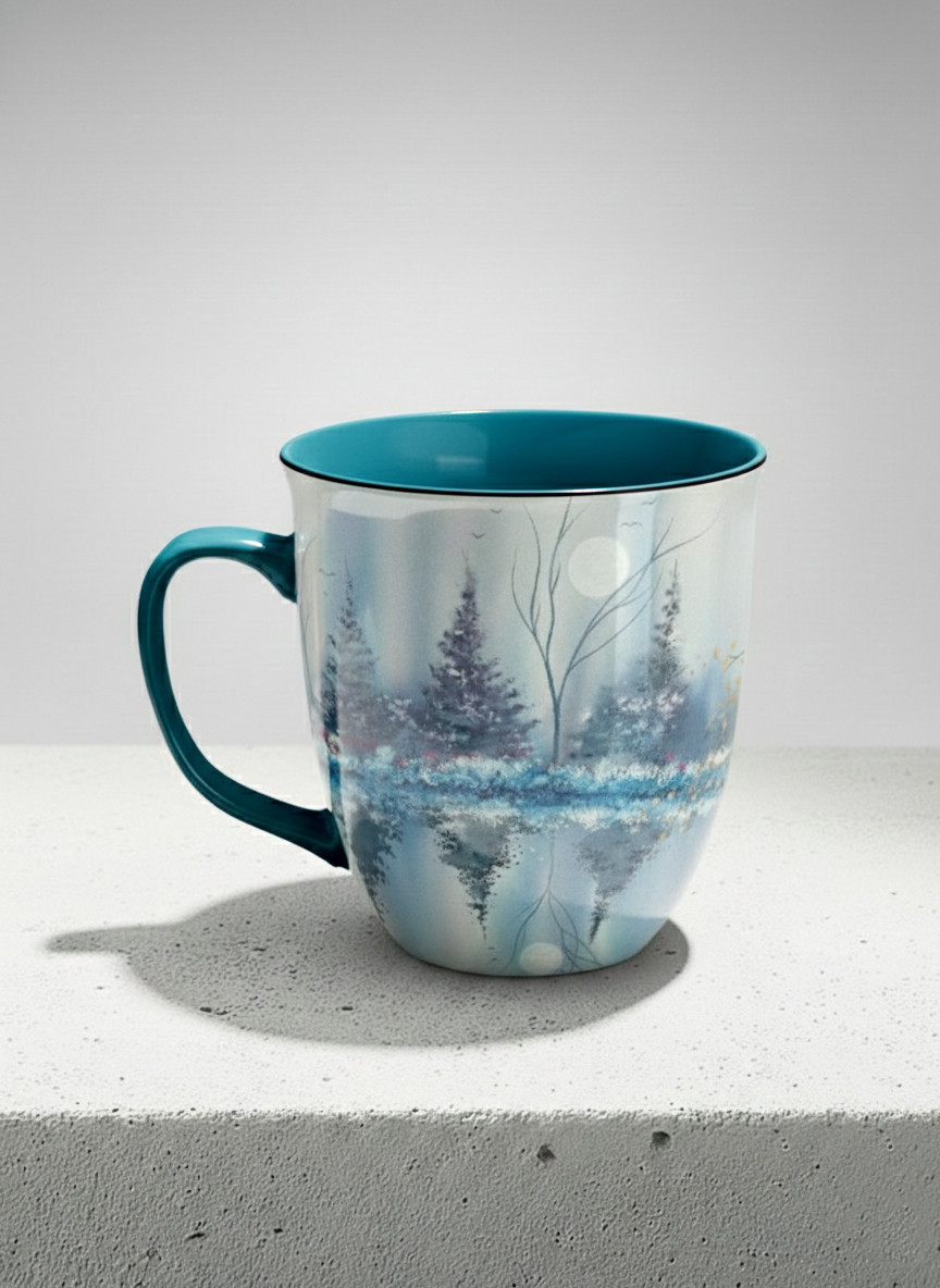 Ronny Mug | Winter Reflections on a Frosted Slope left view mug showing a serene landscape with trees, water, and a moon design by Renee Pupetz - Gallery By Inhesion