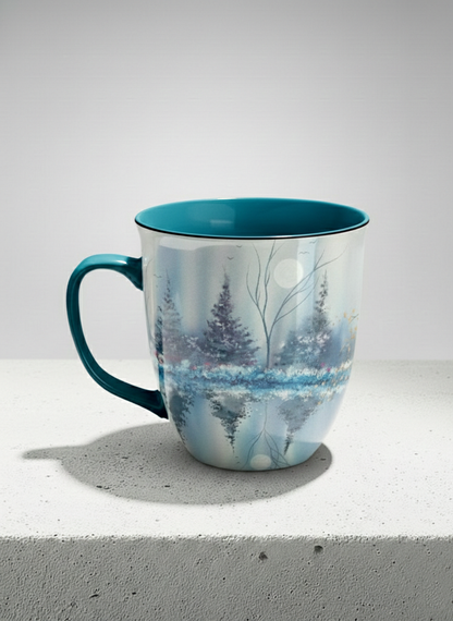 Ronny Mug | Winter Reflections on a Frosted Slope left view mug showing a serene landscape with trees, water, and a moon design by Renee Pupetz - Gallery By Inhesion