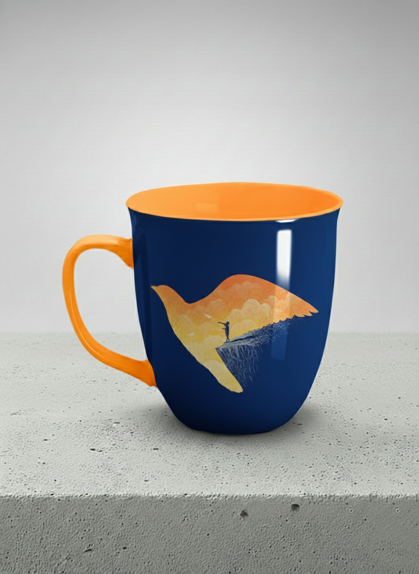 Ronny Mug | Dream Big left view mug with surreal flying bird illustration in sunset colors by Tang Yau Hoong - Gallery By Inhesion