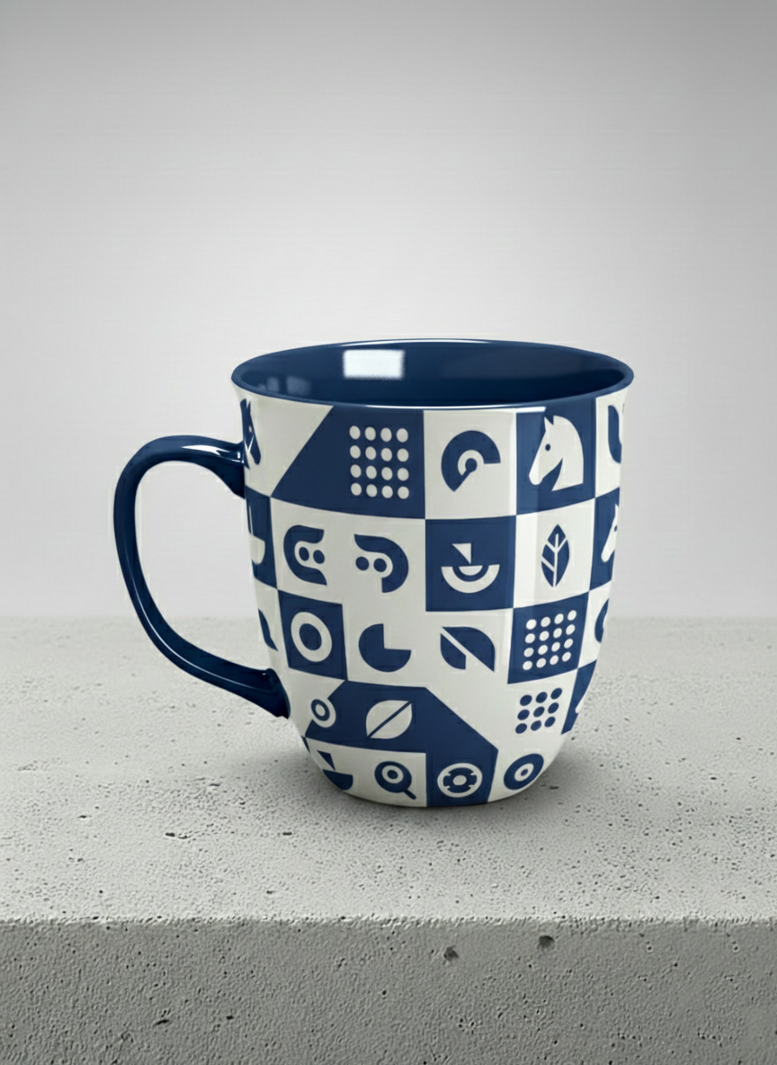 Ronny Mug | Multiversal Sigils left view mug, navy and white checkerboard pattern with icons, blue interior and handle, by Alan CL Lee - Gallery By Inhesion