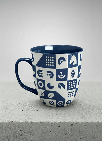 Ronny Mug | Multiversal Sigils left view mug, navy and white checkerboard pattern with icons, blue interior and handle, by Alan CL Lee - Gallery By Inhesion