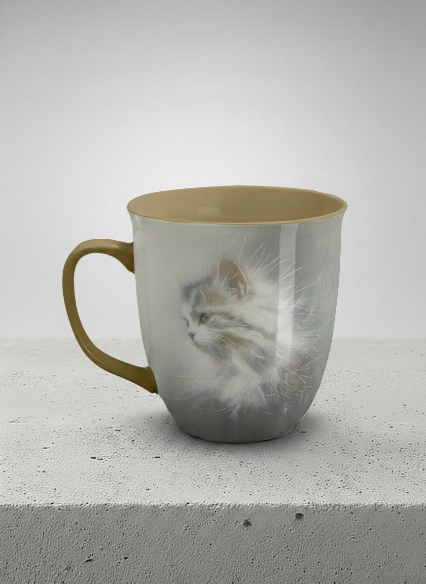 ronny Mug | Wild and Free left view mug, photorealistic cat portrait emerging from a soft smoky mist, warm beige interior and handle, by Karina Mosser - Gallery By Inhesion