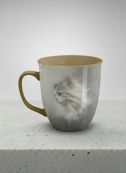 ronny Mug | Wild and Free left view mug, photorealistic cat portrait emerging from a soft smoky mist, warm beige interior and handle, by Karina Mosser - Gallery By Inhesion