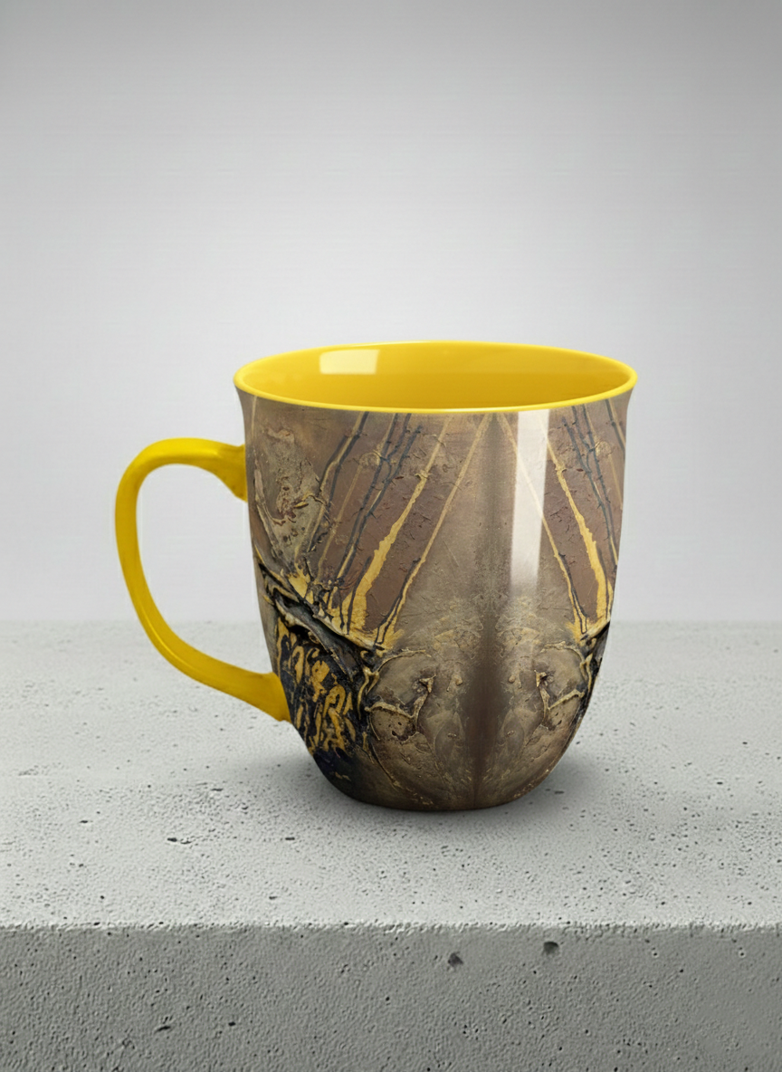 Ronny Mug | Unfolding Luminance left view  mug showing abstract marbled pattern in brown, black, and gold tones by Mersedes Mein - Gallery By Inhesion