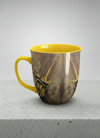 Ronny Mug | Unfolding Luminance left view  mug showing abstract marbled pattern in brown, black, and gold tones by Mersedes Mein - Gallery By Inhesion