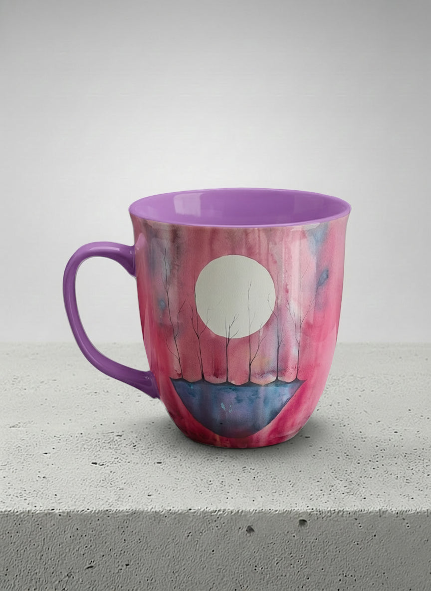 ronny mug | Sail the Moon left view mug with watercolor night scene, boat silhouette, trees and full moon, purple handle and interior by Renee Pupetz - Gallery By Inhesion
