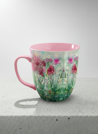 Ronny Mug | Nature’s waking up left view mug shows a floral design with colorful blossoms and lush greenery by Renee Pupetz - Gallery By Inhesion