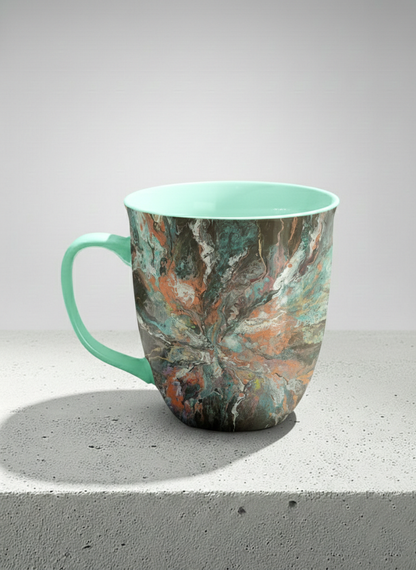 Ronny Mug | Winged Light left view mug showing a fluid art painting with swirling, multicolored design by Renee Pupetz - Gallery By Inhesion