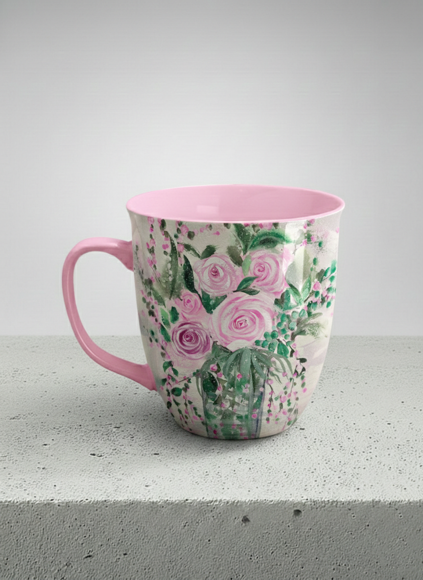 Ronny Mug | Pink Roses in a Jar left view mug showing painted pink roses and greenery on a light background design by Renee Pupetz - Gallery By Inhesion