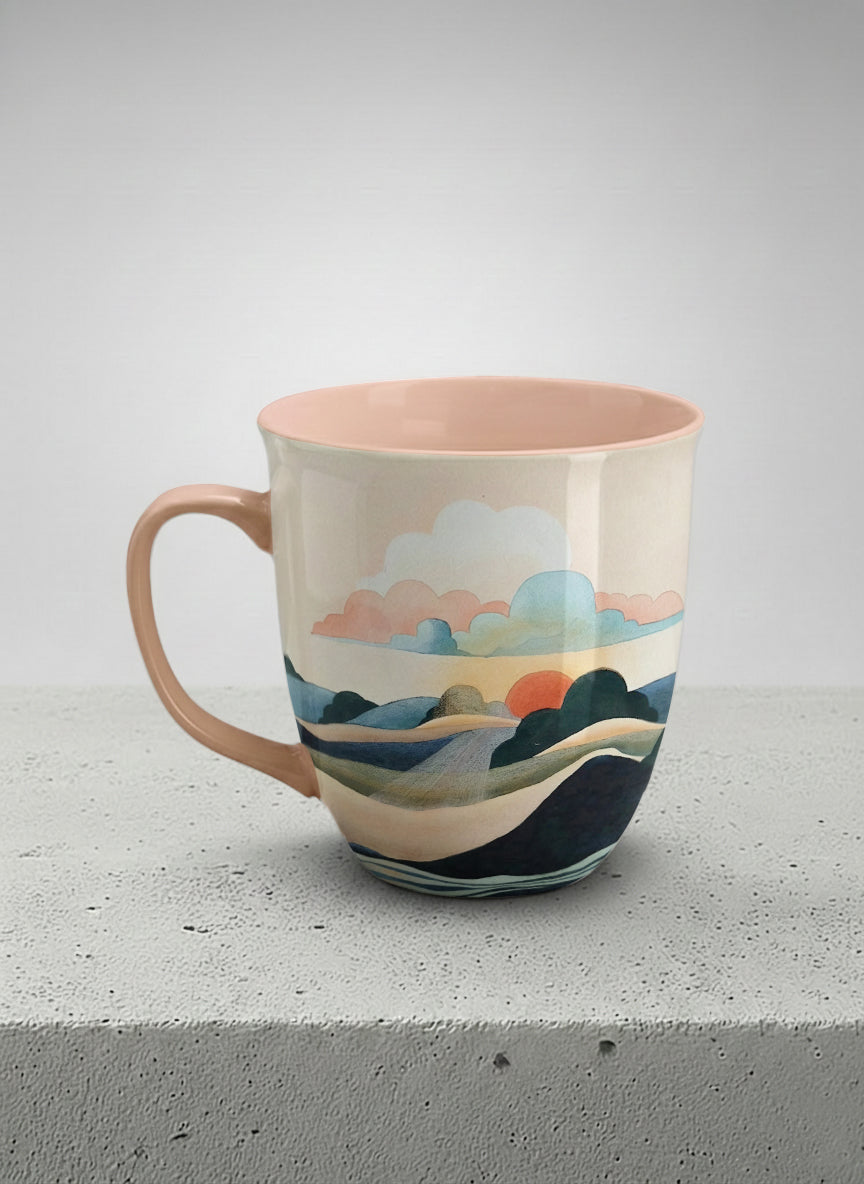 ronny mug | Sunset at the River left view mug rolling hills and dark treetops beneath a soft peach sky with blush and teal clouds and a glowing setting sun, warm peach interior and handle, by KikaG - Gallery By Inhesion