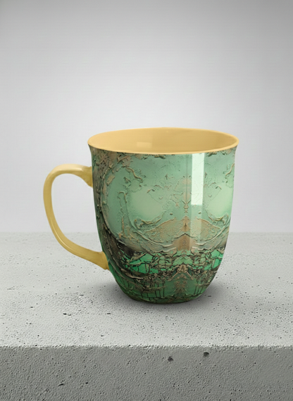ronny Mug | Emerald Magic left view mug showing abstract marbled pattern in green, gold, and earthy tones by Mersedes Mein - Gallery By Inhesion