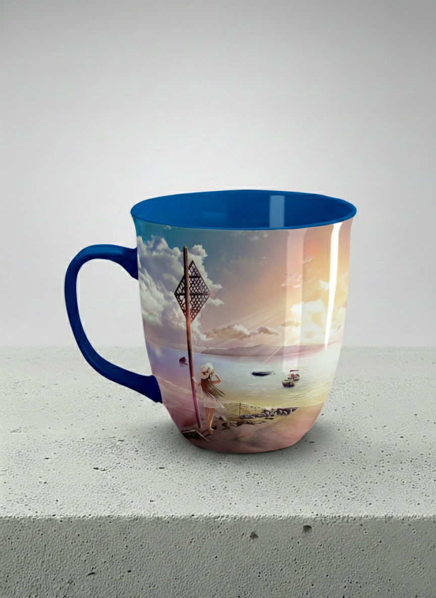 Ronny Mug | The Shore of Summer Longing left view mug showing a scenic beach illustration with a girl and a sunset by Samuel Kwok - Gallery By Inhesion