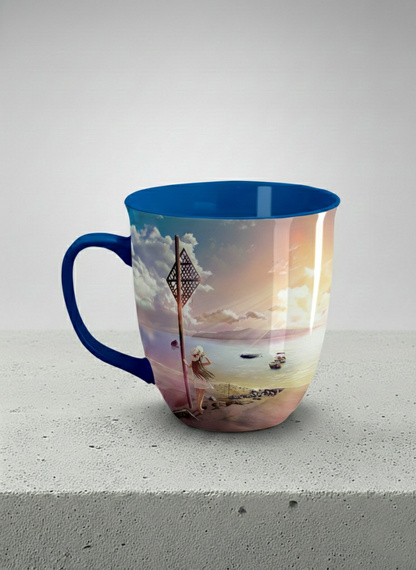 Ronny Mug | The Shore of Summer Longing left view mug showing a scenic beach illustration with a girl and a sunset by Samuel Kwok - Gallery By Inhesion