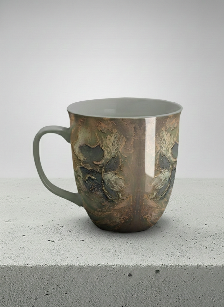 ronny Mug | Memories of The Soul left view mug featuring abstract earth tones and natural patterns by Mersedes Mein - Gallery By Inhesion