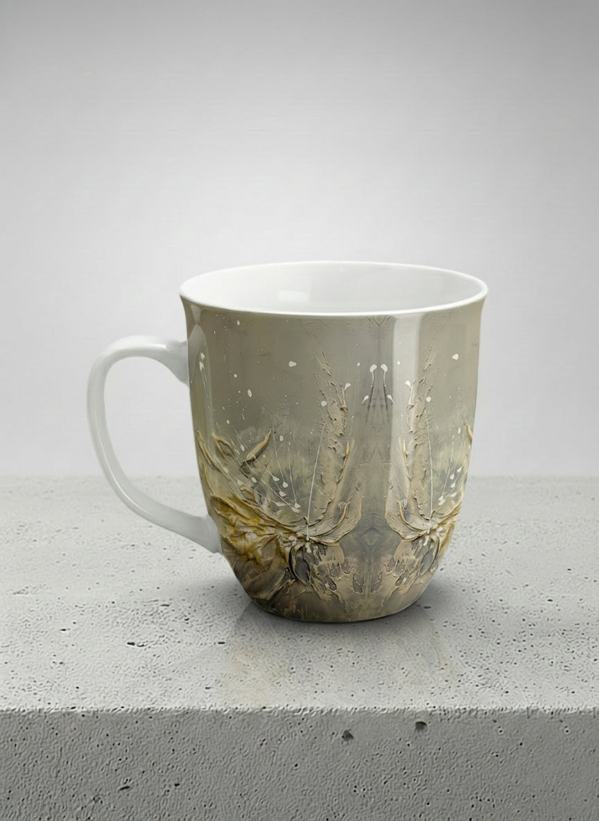 ronny mug | Awakening left view mug showing textured floral design in muted grey-gold tones by Mersedes Mein - Gallery By Inhesion
