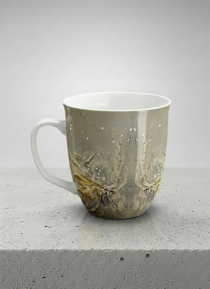 ronny mug | Awakening left view mug showing textured floral design in muted grey-gold tones by Mersedes Mein - Gallery By Inhesion