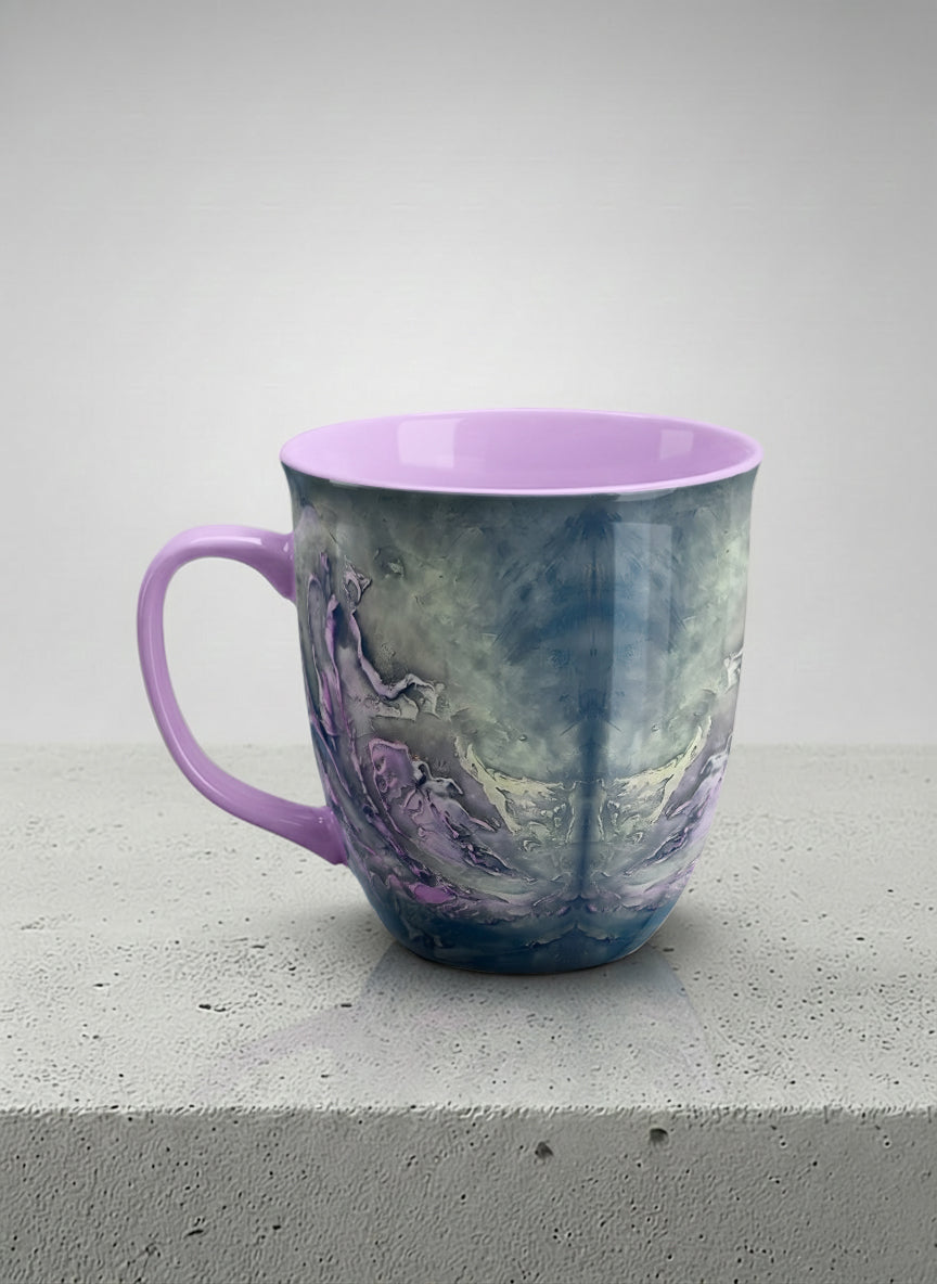 ronny Mug | Modern purple tea left view  mug with elegant abstract floral-inspired marbling, pastel handle, and contemporary design for home or office use.