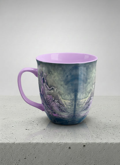 ronny Mug | Modern purple tea left view  mug with elegant abstract floral-inspired marbling, pastel handle, and contemporary design for home or office use.