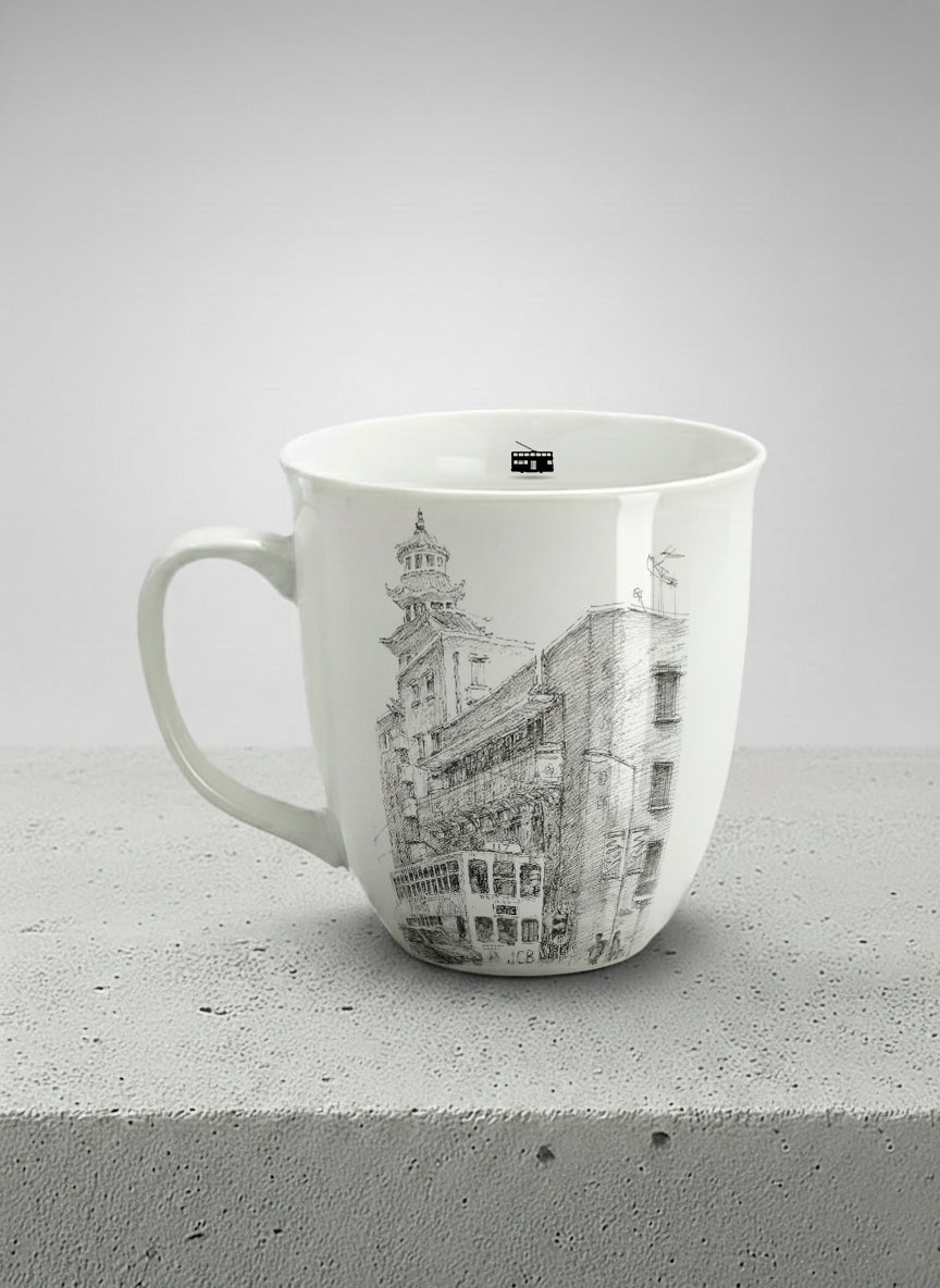 Ronny Mug | Tramway Through Time left view mug showing a sketch of streets and tram in Hong Kong by Samuel Kwok - Gallery By Inhesion