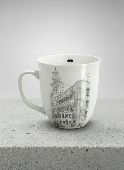 Ronny Mug | Tramway Through Time left view mug showing a sketch of streets and tram in Hong Kong by Samuel Kwok - Gallery By Inhesion