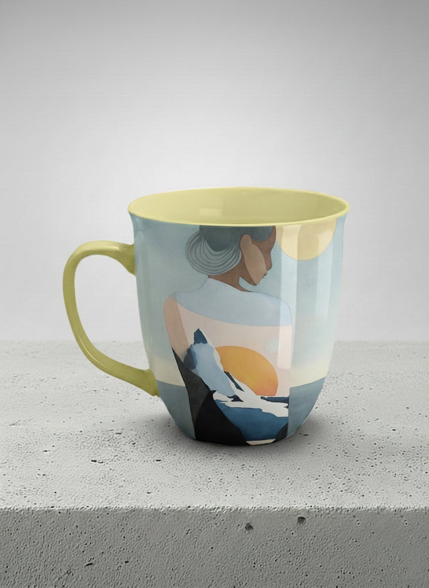 Ronny mug | A Mountain to Climb left view mug woman gazing over jagged peaks and a golden sun on teal horizon, butter yellow interior, by KikaG - Gallery By Inhesion
