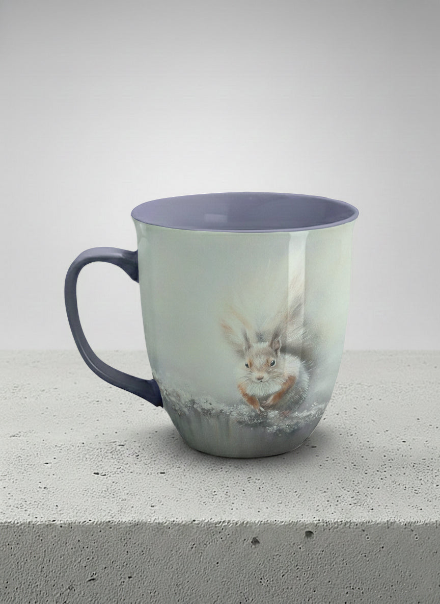 ronny mug | Caught in Frost left view mug, wide-eyed squirrel emerging from a misty winter ground, slate blue interior and handle, by Karina Mosser - Gallery By Inhesion