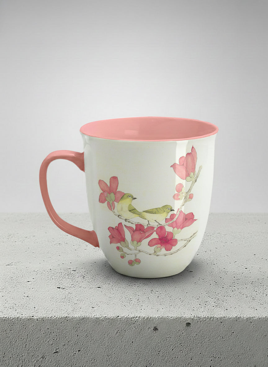 Ronny Mug | Forever Love left view mug with watercolor birds on branch with pink flowers by Alice Wong - Gallery By Inhesion