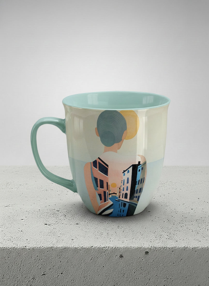 ronny mug | Memory on the Bridge left view mug a solitary figure gazing over a sunlit Venetian canal lined with terracotta buildings, soft powder blue interior and handle, by KikaG - Gallery By Inhesion