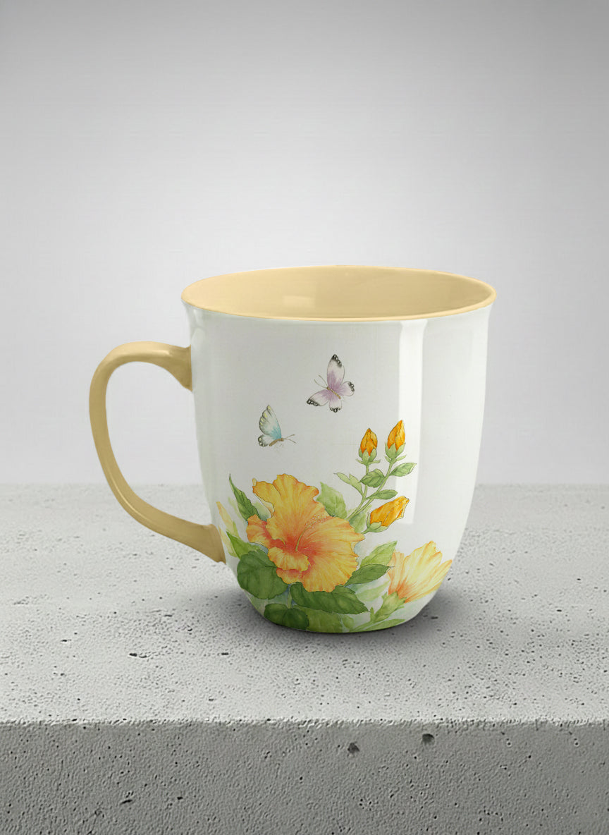 Ronny Mug | Butterfly Lovers left view mug with watercolor butterflies and vibrant yellow/orange flowers by Alice Wong - Gallery By Inhesion