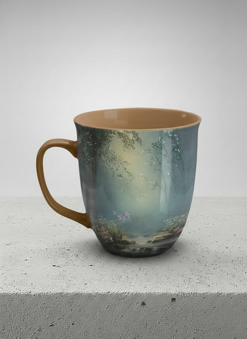 ronny mug | Serenity Stream left view mug, an enchanted forest with glowing light filtering through misty teal trees and wildflowers by a stream, warm olive interior and handle, by Karina Mosser - Gallery By Inhesion