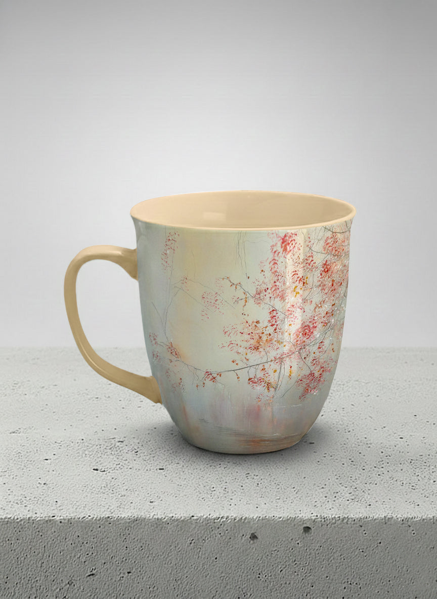 ronny mug | Quiet Waters left view mug, delicate red blossoms and fine branches drifting across a soft celadon mist, warm cream interior and handle, by Karina Mosser - Gallery By Inhesion