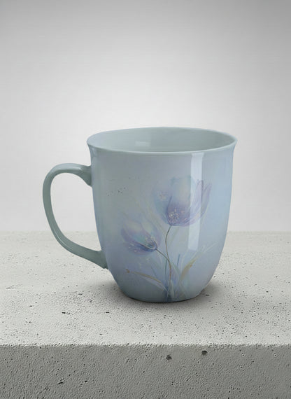 ronny mug | Glass Petals left view mug, a delicate translucent poppy bloom emerging from a soft misty blue-grey wash, matching powder blue interior and handle, by Karina Mosser - Gallery By Inhesion