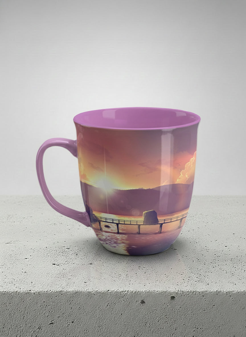 Ronny Mug | Gaze into the Golden Hour left view mug glowing sunset over a lakeside pier in warm amber and violet, soft lilac interior, by Samuel Kwok Gallery By Inhesion