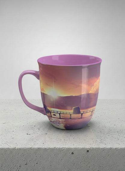 Ronny Mug | Gaze into the Golden Hour left view mug glowing sunset over a lakeside pier in warm amber and violet, soft lilac interior, by Samuel Kwok Gallery By Inhesion