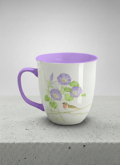 Ronny Mug | Morning Glory left view mug with watercolor bird and purple flowers artwork by Alice Wong - Gallery By Inhesion