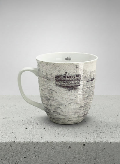 Ronny Mug | Shimmering Passage left view mug showing a pen drawing Star Ferry in Hong Kong by Samuel Kwok - Gallery By Inhesion