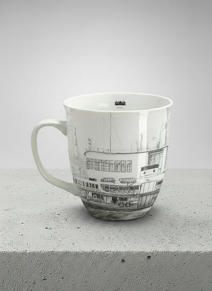 Ronny Mug | The Star of the Harbor left view mug showing a sketch of Star Ferry Pier in Hong Kong by Samuel Kwok - Gallery By Inhesion