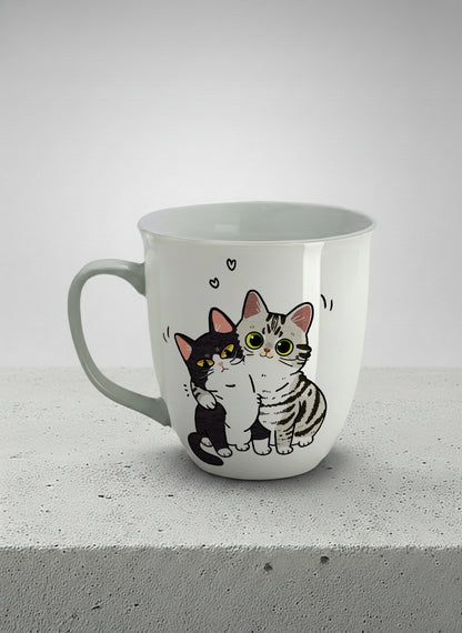 ronny mug | Best Buddies left view mug small tuxedo cat leaning into a chubby tabby with tiny floating hearts, sage interior, by Hyun Jung Cho