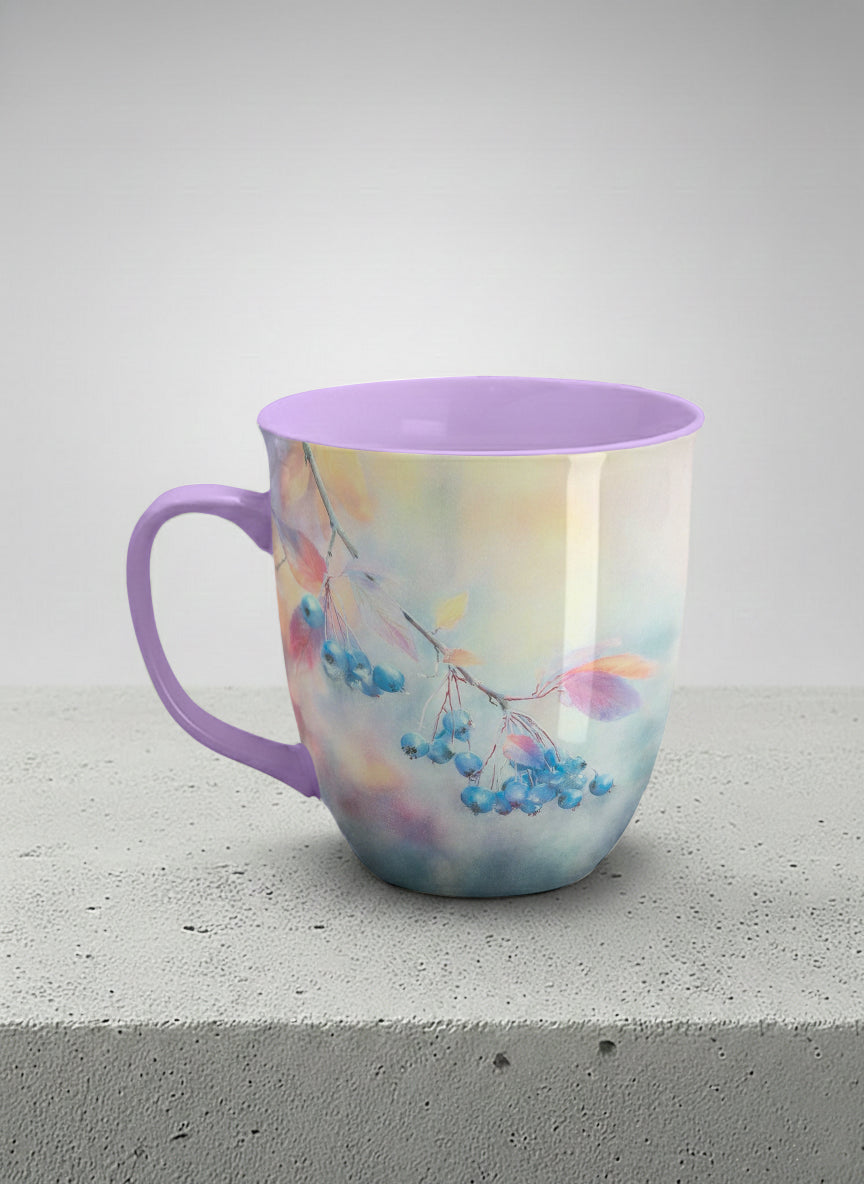 ronny mug | Frosted Morning left view mug, vivid blue berries and autumn leaves drifting across a dreamy pastel rainbow wash, soft lavender interior and handle, by Karina Mosser - Gallery By Inhesion