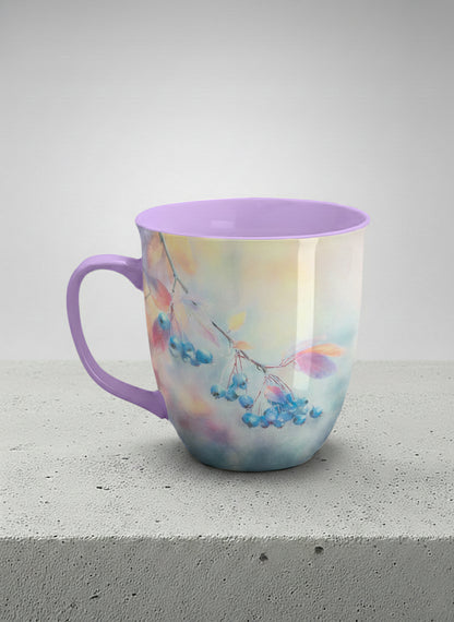 ronny mug | Frosted Morning left view mug, vivid blue berries and autumn leaves drifting across a dreamy pastel rainbow wash, soft lavender interior and handle, by Karina Mosser - Gallery By Inhesion