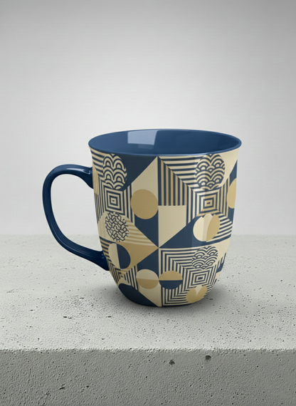 Ronny Mug | Fractured Horizon Drift left view mug, navy and gold geometric pattern, dark interior and handle, by Alan CL Lee - Gallery By Inhesion