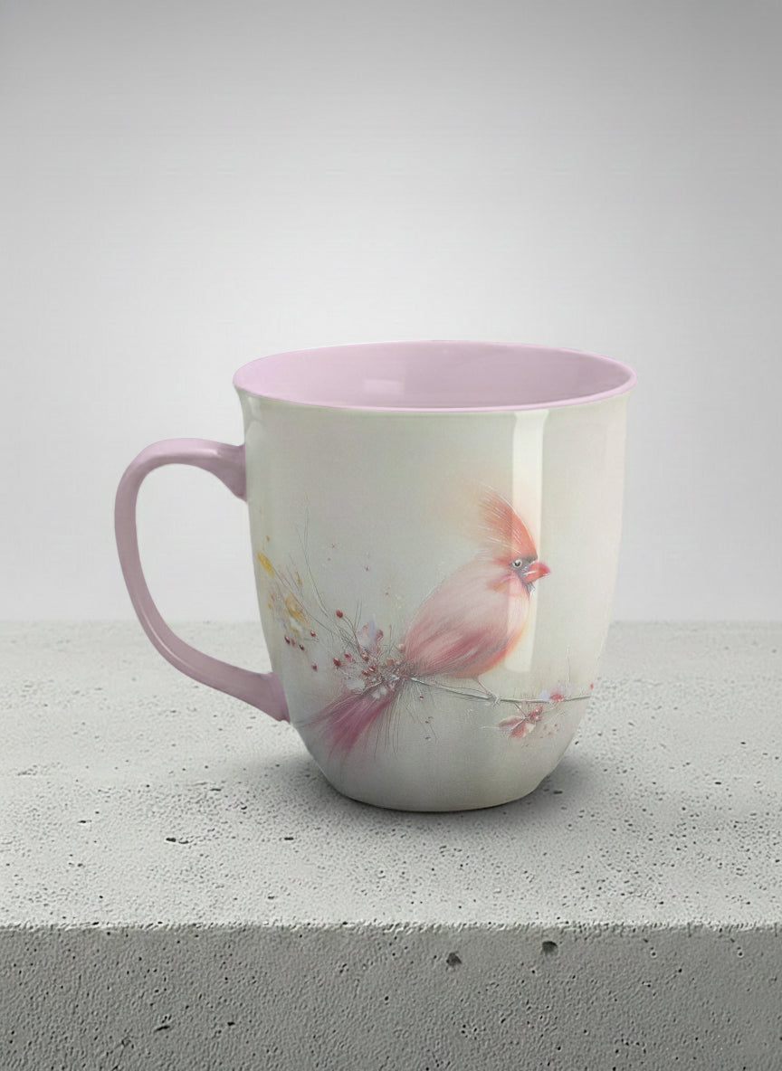 ronny mug | lossom Visitor left view mug, a delicate pink cardinal perched on a wispy blossom branch against a soft ivory mist, blush pink interior and handle, by Karina Mosser - Gallery By Inhesion