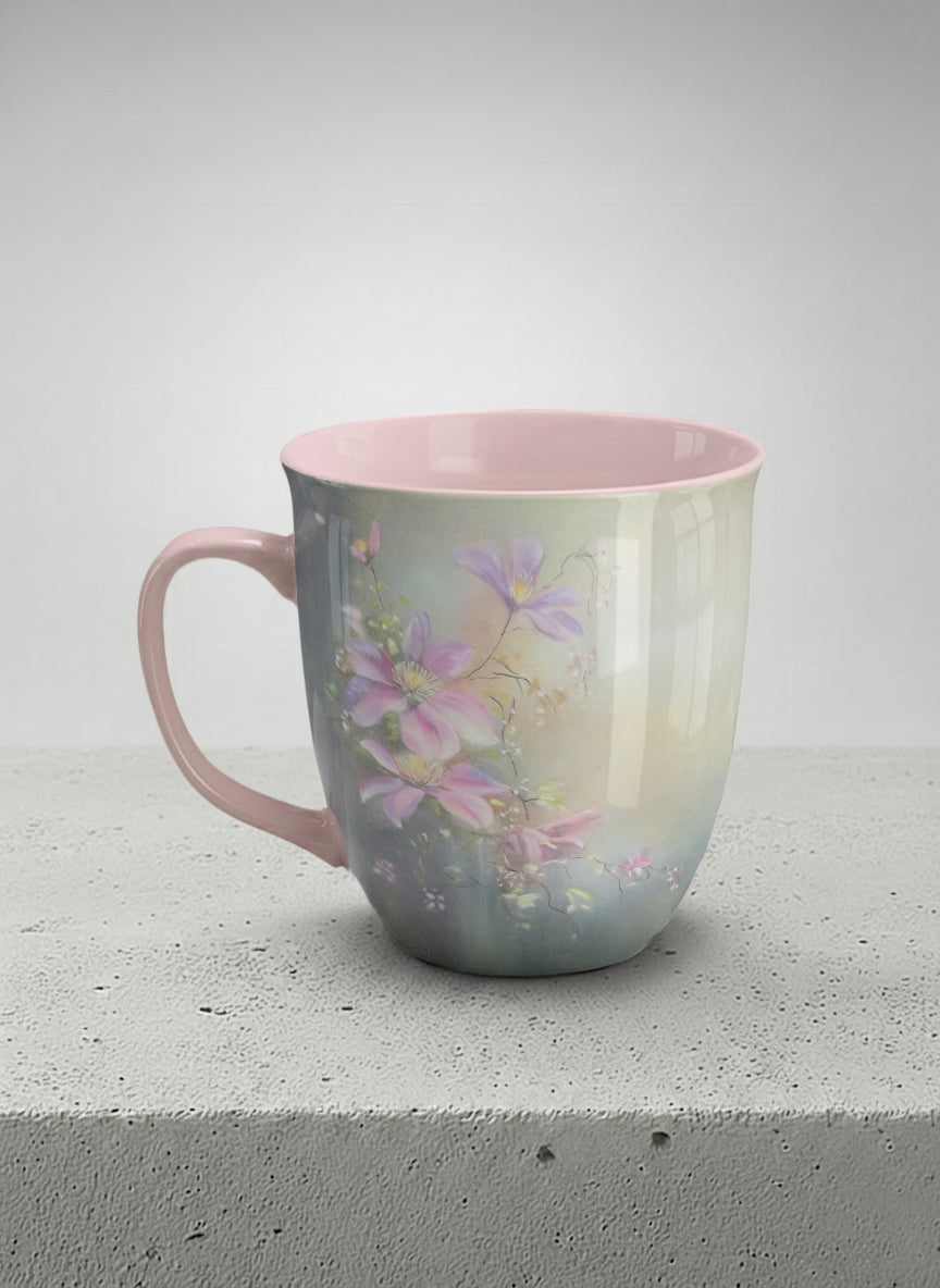 ronny mug | Ethereal Blossoms left view mug, soft pink clematis flowers glowing against a deep moody sage green mist, blush pink interior and handle, by Karina Mosser - Gallery By Inhesion