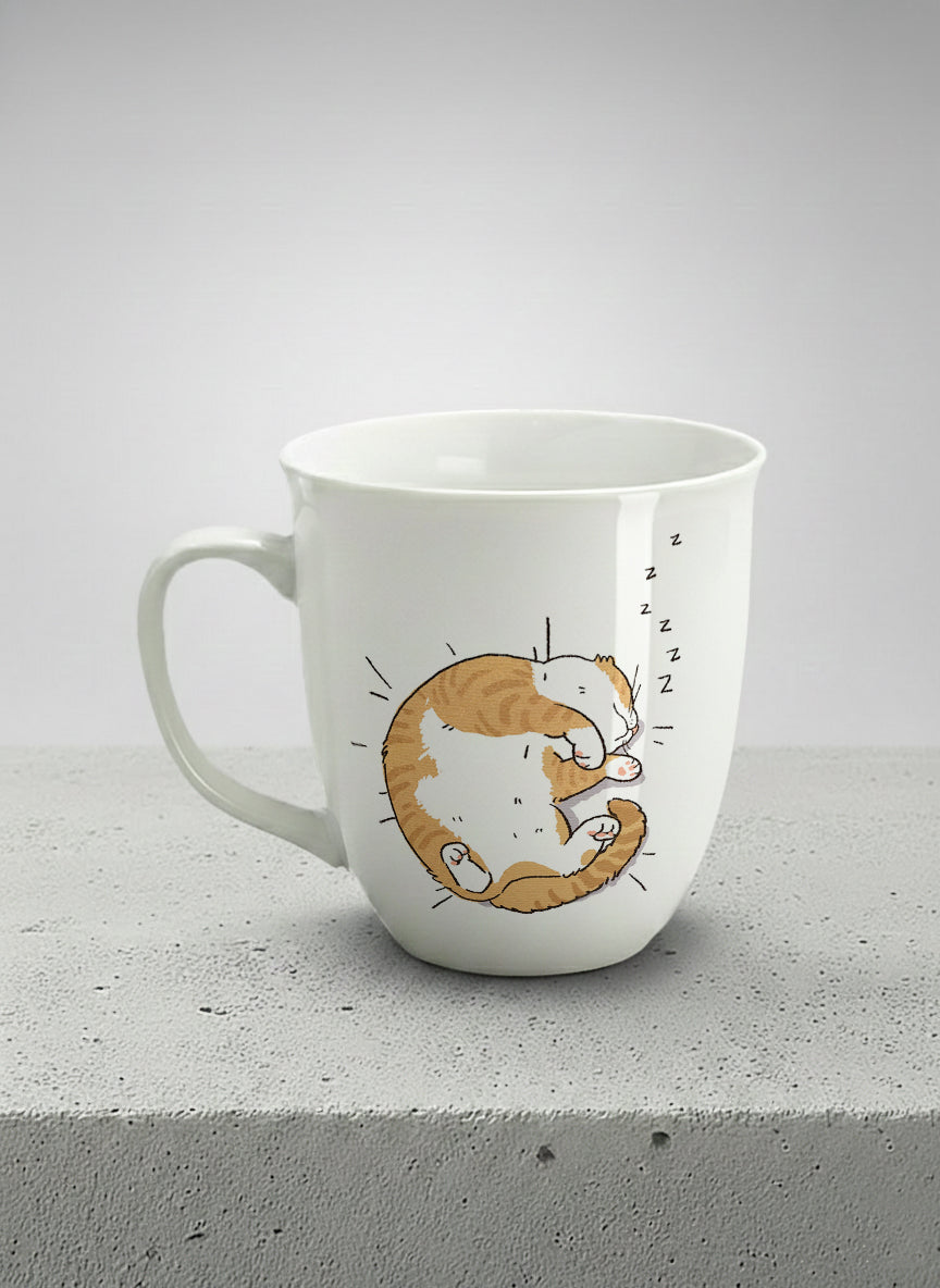 ronny mug | Sweet Dreams left view mug, a ginger tabby cat curled into a perfect circle fast asleep with tiny zzz's floating above, clean white interior and handle, by Hyun Jung Cho - Gallery By Inhesion