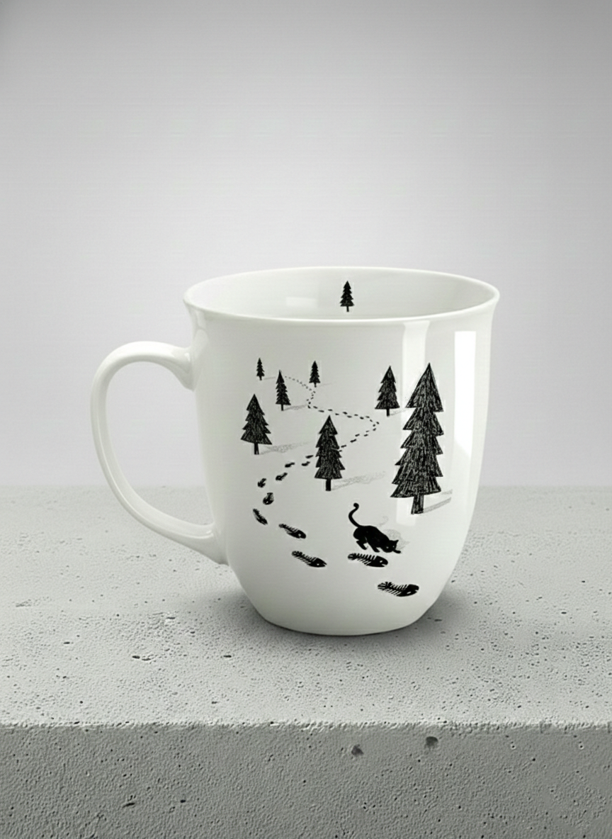 Ronny Mug | The Curious Cat left view mug shows a sketch of a cat following fish-shaped footprints by Tang Yau Hoong - Gallery By Inhesion