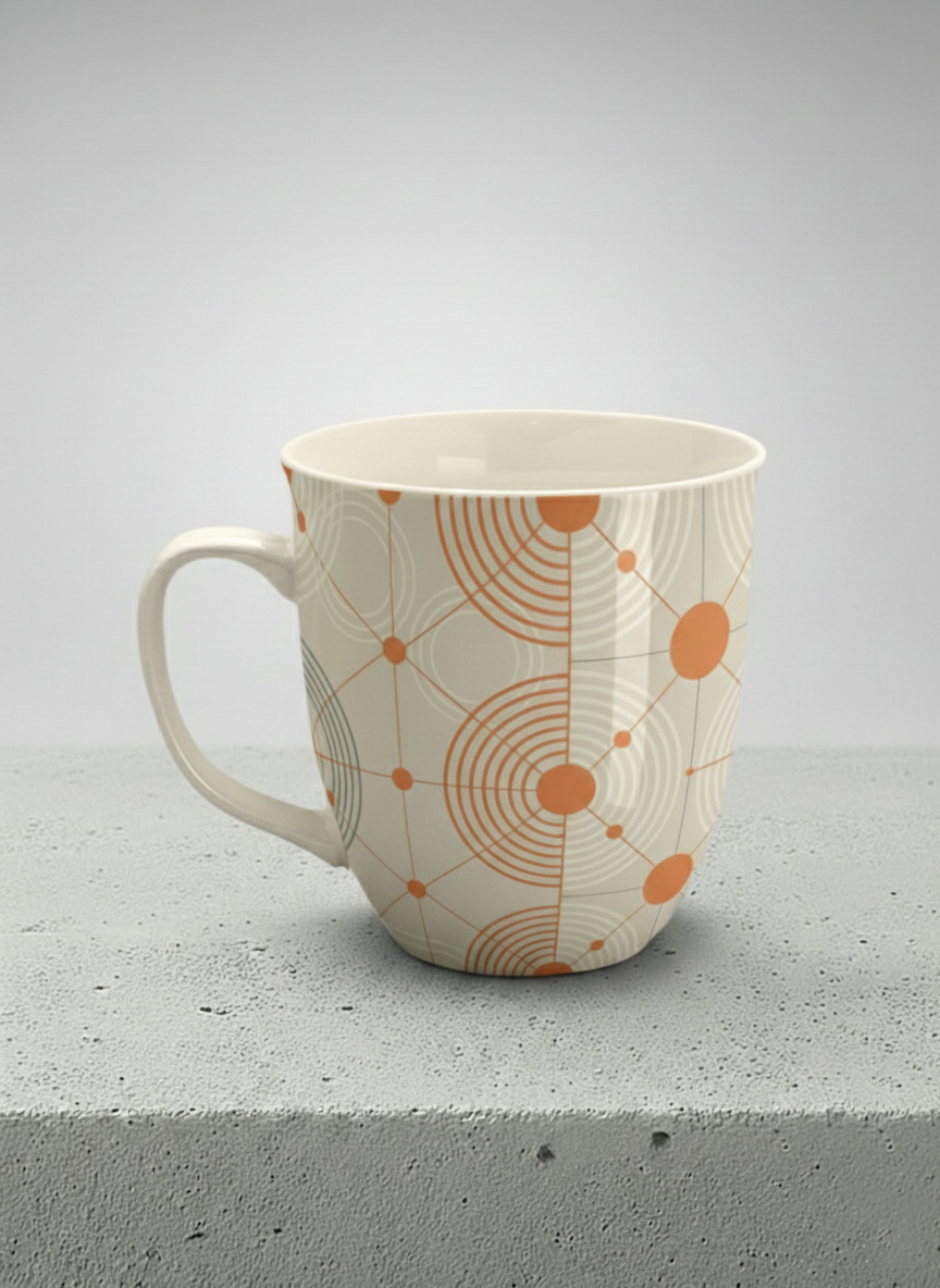 Ronny Mug | Entangled Terracotta Web left view mug, orange geometric circle pattern, cream finish, by Alan CL Lee - Gallery By Inhesion