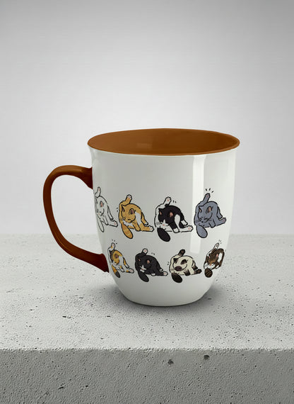 ronny mug | The Grooming Club left view mug eight cats mid-stretch and self-groom in playful rows, soft grey interior and handle, by Hyun Jung Cho